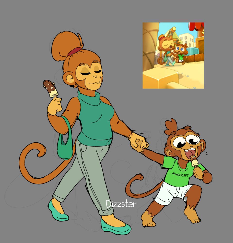 Colored sketch of two anthro monkeys, a mother and her small child, having a nice day out in the marketplace! She's purchased each of them a tasty frozen banana popsicle, which her child bites into with wide-eyed delight. The child wears a bright green shirt that simply says "MINECRAFT" across the chest.