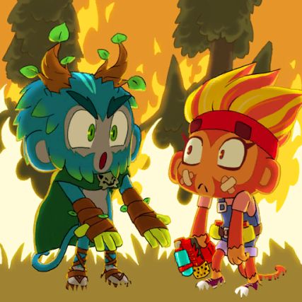 The artwork for Bloons Card Storm's "Ability Ban" card. Obyn is yelling at Gwen, who is slumped forward holding her flamethrower. Behind them, a massive fire rages through the trees.