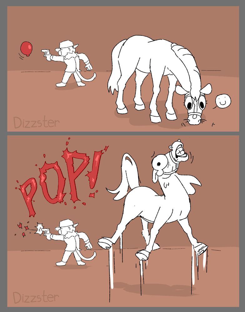 Panel 1: Horse grazes happily in the foreground. In the background, desperado monkey takes aim at a passing red bloon.

Panel 2: Desperado monkey shoots the bloon, causing a loud "POP" sound. Horse reacts poorly.

SFX: POP!
--
Features desperado monkey from BTD6.