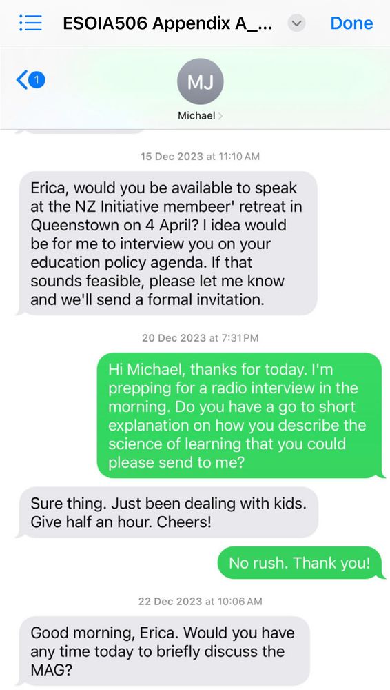 A text exchange between Erica Stanford and Michael Johnston, where Erica asks for an explanation about the science of learning. 