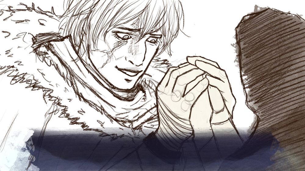 WIP art of Liev holding the playable character's hands.
