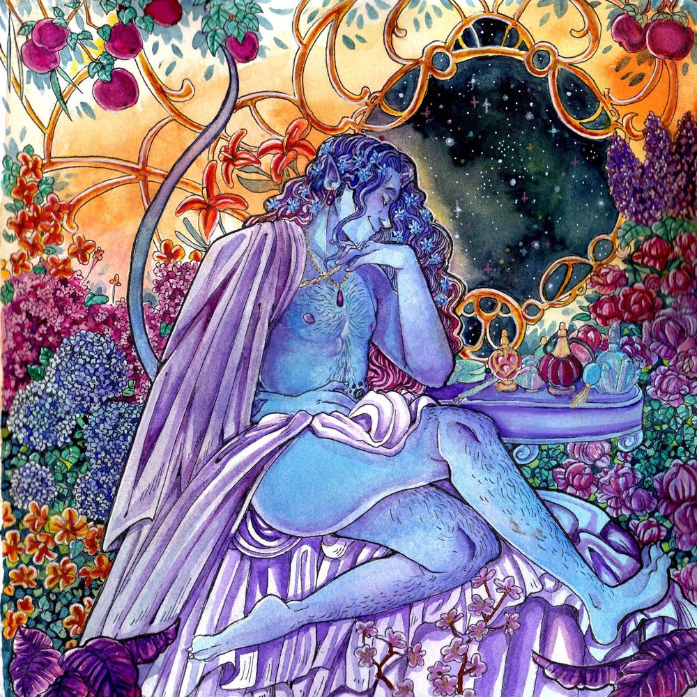 A person with blue skin, horns and tail sitting at a dressing mirror with a lot of flowers around them. 