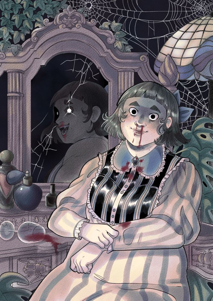 A girl sitting in front of a mirror with a vacant smile.
Her nose is bleeding, staining her dress. Her reflection is also turned to the viewer with a diabolical grin .