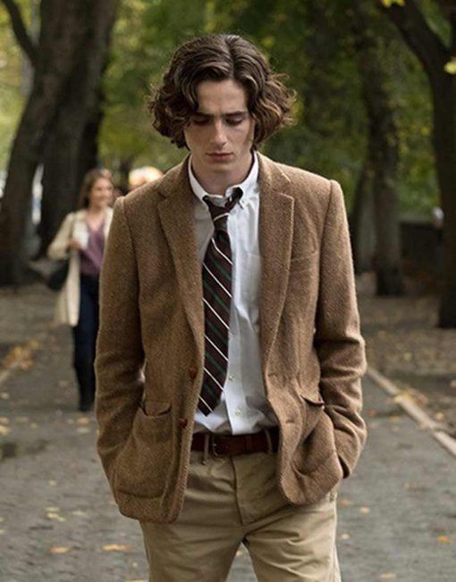 Timothée Chalamet wearing tweed and looking like the wistful twink he plays so well.