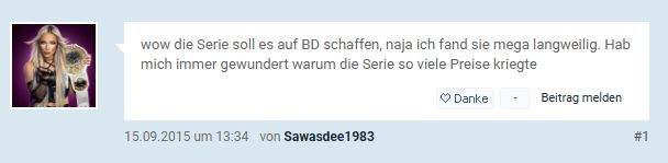 Bluray-Disc.de Screenshot
wow die Serie sool es auf BD schaffen, naja ich fand sie mega langweilig. hab mich immer gewundert warum die serie so viele Preise kriegt.