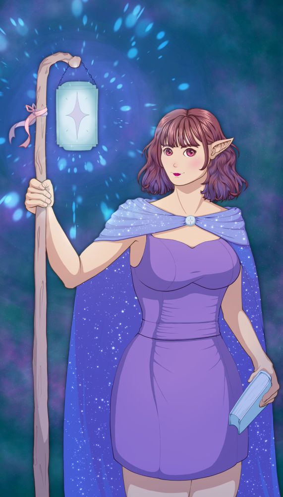 Red/purple haired girl in a tight purple dress with a starry cape. She is holding a grimoire and lamp hanging from a staff