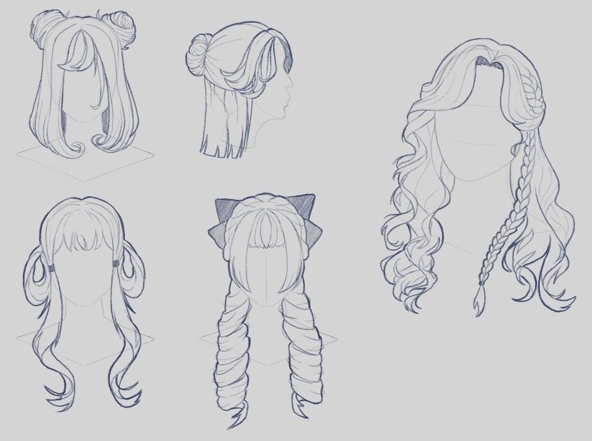 Various long hairstyles sketched