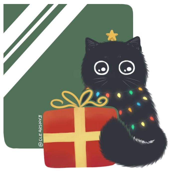 Black cat with tree lights around it's body and a star on its head sitting next to a present