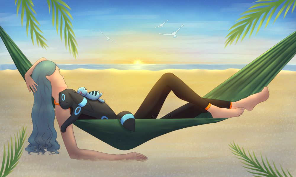 My OC relaxing on a beach with a shiny umbreon and wooper