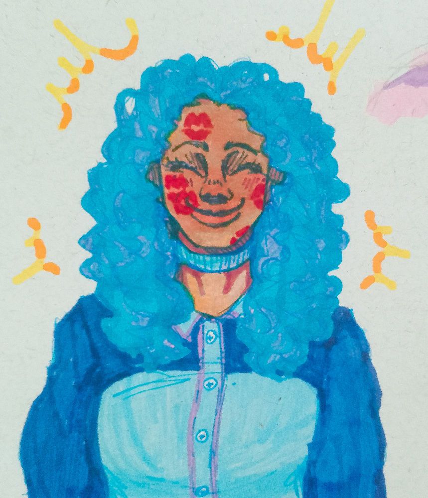 Um desenho tradicional da Chloe de Descendentes com marcas de batom vermelho pelo rosto (batom que a Red usa).