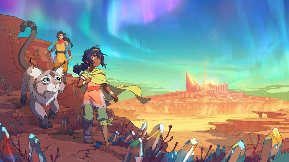Next avatar series concept art, female earth bender avatar in a desert landscape with a cat animal companion, and some long haired non binary twink in the back 