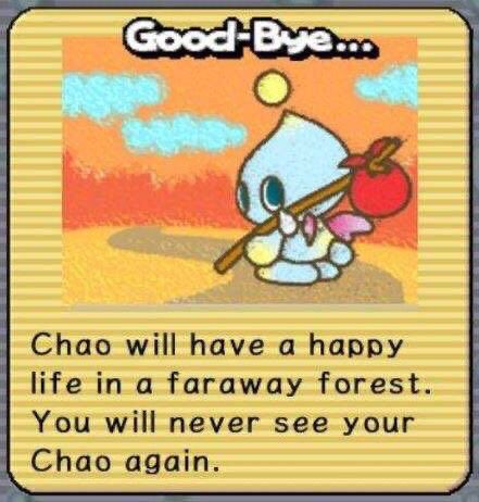 Chao says Goodbye. Chao will have a happy life in a faraway forest. You will never see your Chao again.