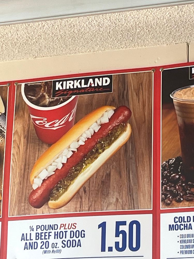Costco Hotdog sign but with coca-cola instead of Pepsi- which is not ok.