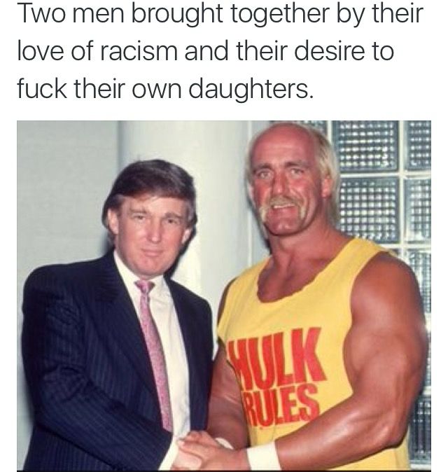 Picture of Hulk Hogan and Donald Trump with the caption “Two men brought together by their love of racism and their desire to fuck their own daughters.”