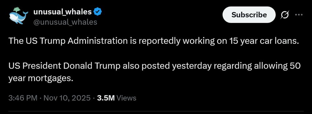 unusual_whales
@unusual_whales
The US Trump Administration is reportedly working on 15 year car loans. 

US President Donald Trump also posted yesterday regarding allowing 50 year mortgages.
3:46 PM · Nov 10, 2025
·
3.5M
 Views