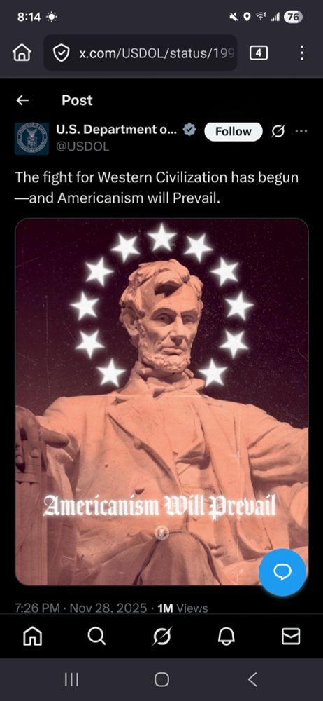 A DoL post with lincolns head surrounded by 11 stars. The post has text about fighting to save western civilization. 