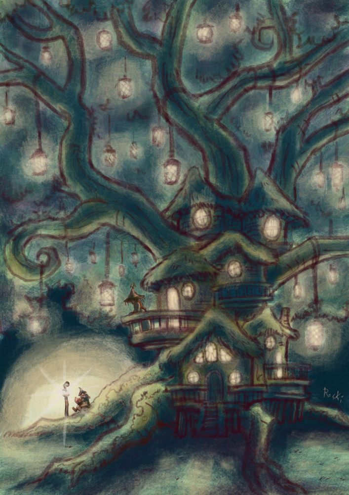 A giant oak with a cabin on top of it, with multiple stories and balconies. Dozens of lit lamps hang from the branches.

A young girl in a witch outfit is reading a book by the root of the tree, with a glowing staff as a makeshift lantern. From the closest balcony, an older witch is looking at the girl.