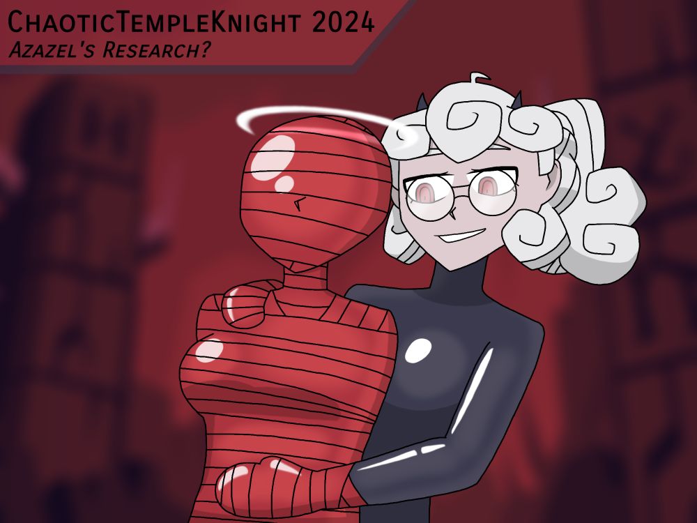 Wanting to test out her new mummification ability, Pandemonica went looking for some victims... Test subjects. After wrapping up Justice, Modeus, Malina, Cerberus, and Zdrada, she spotted an angel wandering Hell. Azazel had stumbled across the mummified demons and was very curious. She wanted whomever did this to wrap her up nice and tight. Pandemonica was more than happy to oblige her.

Something about wrapping up Azazel instilled a bout of confidence in Pandemonica. She's going to wrap up everyone, even Judgement, Lucifer, and Beelzebub. And then why not Earth? The Helltaker will make a nice addition to her collection of mummies and she'll wrap up the whole planet if she feels like it.

Check out Helltaker when you get the chance. It's nowhere near as kinky as my drawing is, but still.