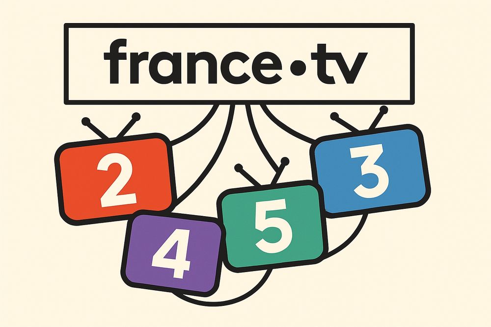 Illustration stylisée de quatre écrans de télévision rétro, chacun affichant un chiffre et une couleur distincts : 2 en rouge, 4 en violet, 5 en vert, 3 en bleu. Les écrans sont reliés par des câbles noirs à une bannière centrale portant le logo "france.tv" sur fond beige.