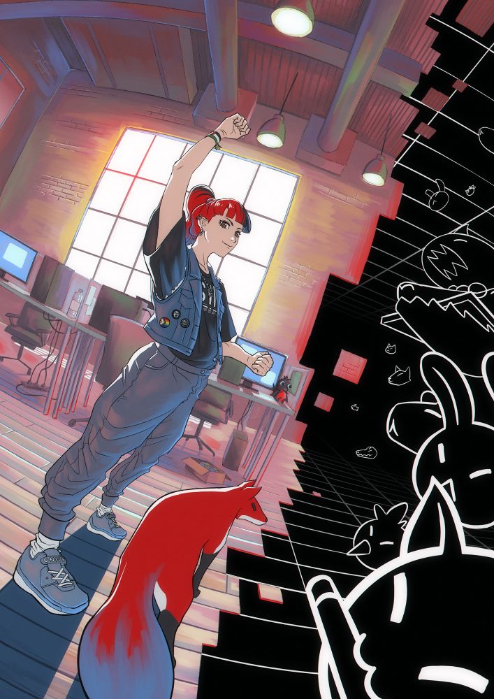 Personaje alzando el puno acompañado de un zorro en el interior de una oficina que se funde con un espacio virtual habitado por personajes que recuerdan a animales.