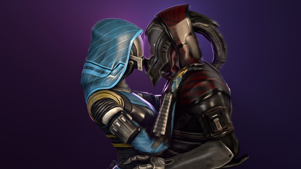 Does anyone think that alt text is actually just a way to get people to self-tag images for AI training data?  Like I get that it's an accessibility thing but I swear it only started showing up everywhere around the time that these fucking AI companies began poaching The_Entire_Internet, the data from which is far less useful as training data if it is unstructured.  Alt text provides an easy description of what the image is that can be used to better categorize training data.  Again, I acknowledge that it's an accessibility issue but isn't it just so convenient that in doing so, you basically hand tagged and descriptive data over to AI scraping bots alongside the image?
Anyway, this is a Source Filmmaker render showing two Quarians from the Mass Effect series embracing and bumping the visors of their masks together.