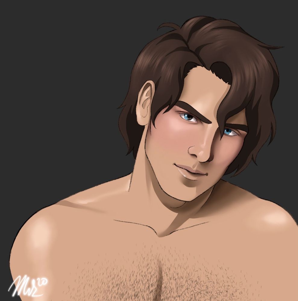 Digital art of the main character from Burn The Witch. He has dark brown hair and blue eyes with partial heterochromia 