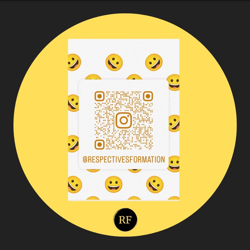 Carré noir, cercle jaune. 
émojis sourire en fond. 
QR code compte Instagram Respectives Formation