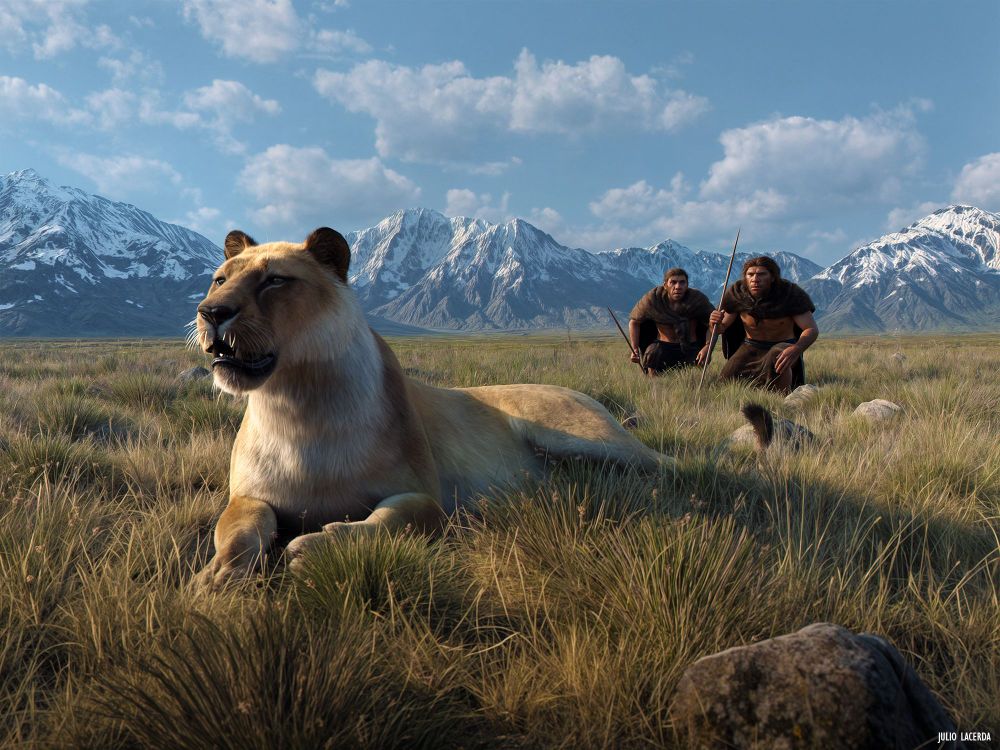 A cave lion rests obliviously on a steppe with snow-capped mountains in the background. Behind it, two Neanderthals are crouched, wearing animal pelts and holding spears.
