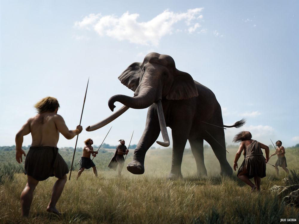 A Paleoloxodon (giant extinct elephant) is surrounded by a group of Neanderthals on a field. The Neanderthals are using varying types of clothing made of animal pelts, and hold spears. Two spears are lodged into the stomach of the elephant.