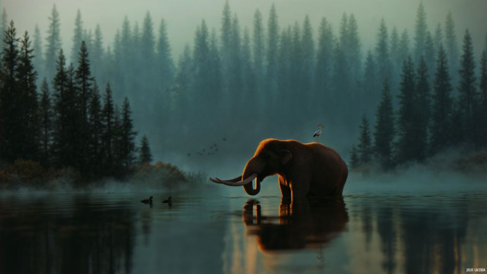 A mastodon stands leg-deep in a foggy lake with its trunk in its mouth. A misty forest of conifers towers in the background. A heron is perched on top of the mastodon, while two ducks swim nearby and a few more fly in the background.