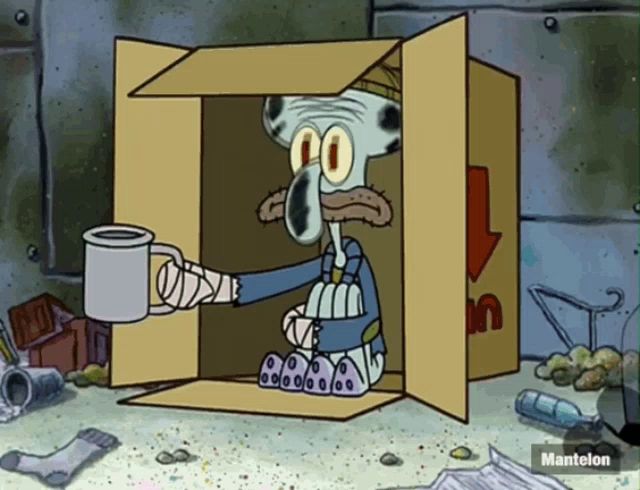 squidward from spongebob is sitting in a cardboard box holding a cup