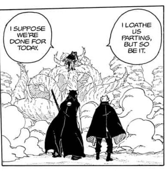 Kawaki and Boruto standing next to each other staring at Jura sitting