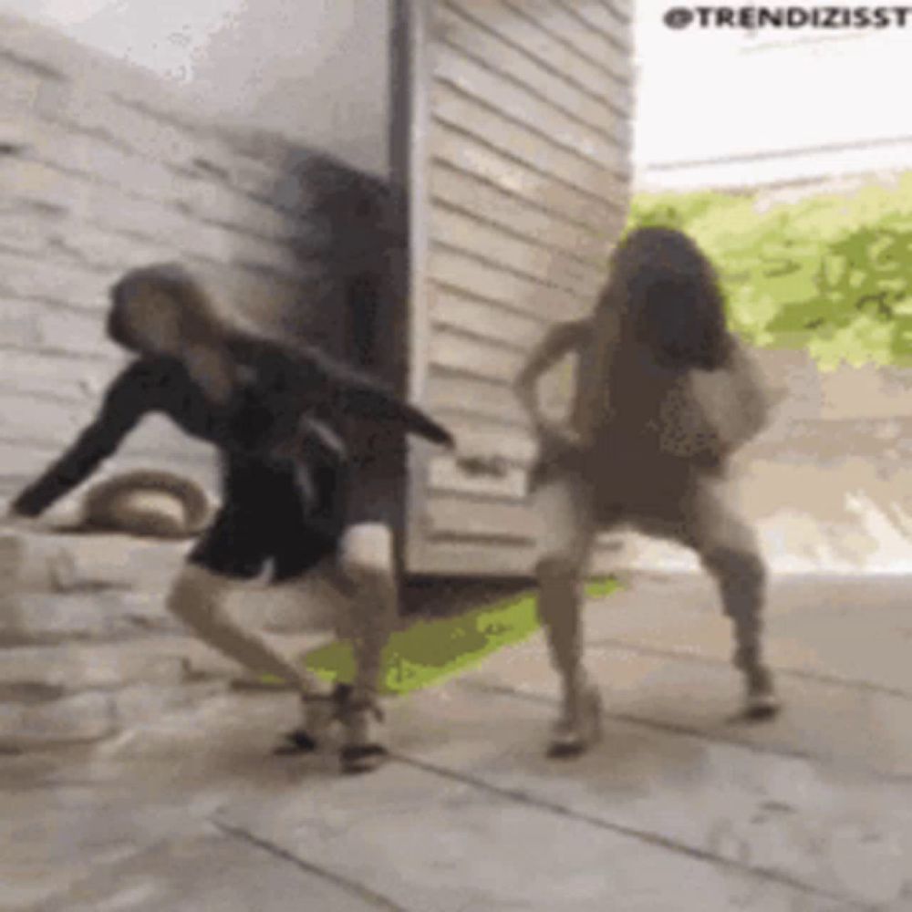 a couple of women are dancing in front of a house .