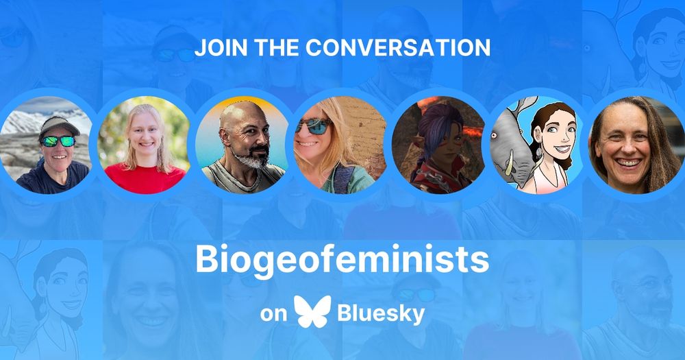 Biogeofeminists starter pack image with 7 little circles of the over 130 Bluesky accounts included