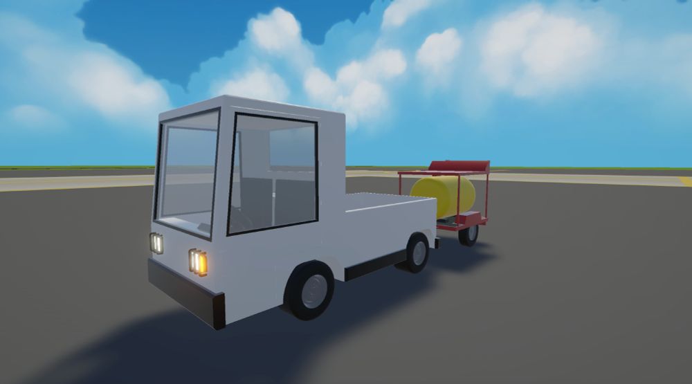 A 3D-rendered screenshot from a game shows a small white airport tug vehicle towing a red and yellow fuel or service cart on an airport tarmac. The cart has a large yellow cylindrical tank, a red control panel with a gauge, and a black hose with a nozzle. The sky is bright blue with fluffy white clouds, and a small white and blue jet is visible in the background near the runway. The scene has a low-poly, stylised aesthetic.