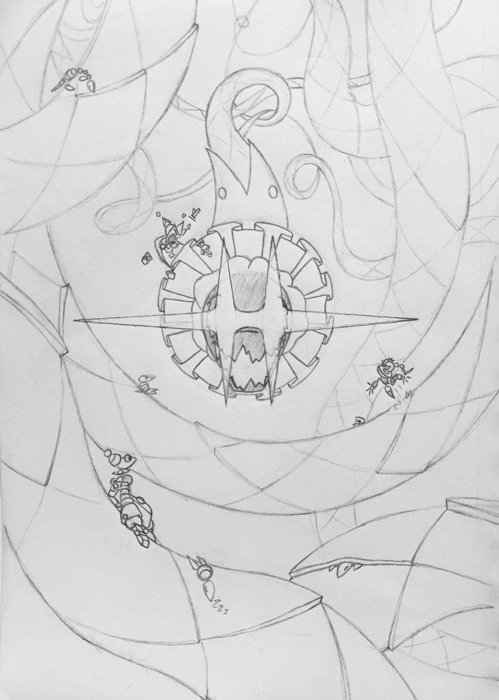 An enormous festive monster gives a wicked grin to the camera while it's creations climb all over its winding body.
A jester-like magician peeks over the monsters ruffled collar, pointing and yelling at a small clown who seems excited just to be there. It seems like they're egging each other on.
A taller maid-like person sits in the foreground and watches the scene unfold.
A handful of additional creatures are dotted around the monsters body. Some quietly watching, others peacefully snoozing.