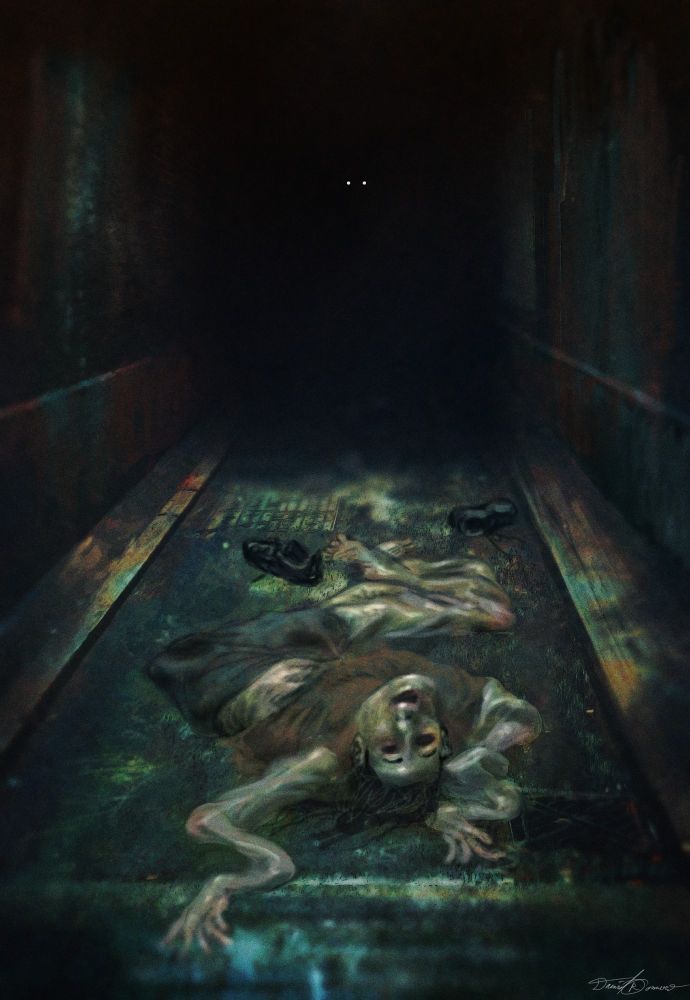 A hollowed-out sack of human skin lies on the ground of a rusted alleyway. Silvery eyes gleam from the darkness.