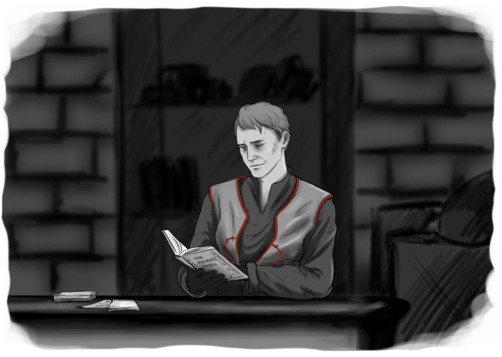a simple fanart of the character from the game Tainted Grail, Cillian. he's reading a (fictional) book called "1000 fun ways to kill".