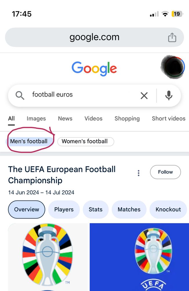 A google search page for the terms 'football euros'. Two filter options have appeared on the page. The default is 'Men's football' and it references an event a year ago. We ask ourselves: why are there two separate categories at all? Someone searching 'football euros' should immediately be shown the results of the most recent competition, surely?