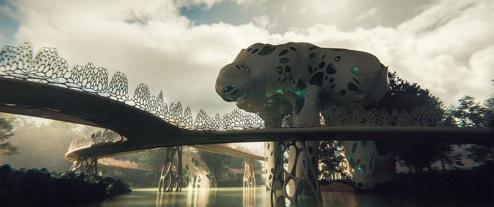 Early morning with a low camera angle, looking out over a greenish, slow-moving river.  Across the river is a lattice of bio-engineered walkways with railings, and on the other side, is a structure that almost looks like a person kneeling for water by the riverside.