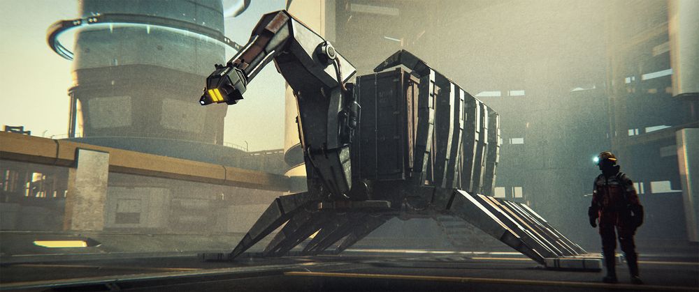 Wide shot, exterior, day -

A 12-legged robot is carrying a shipping container from a warehouse.