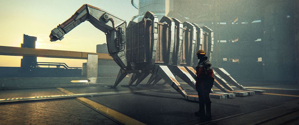 Wide shot, exterior, day -

A 12-legged robot is carrying a shipping container from a warehouse.