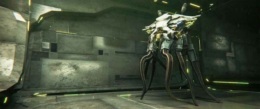 A robotic, walking, octopus-like character standing in a faceted room made of metal panels.