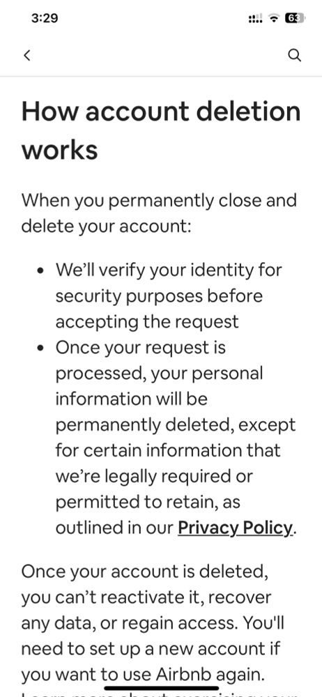 Three screenshots of the steps needed to delete an Airbnb account. Essentially, go to the profile, privacy and settings, delete account, state country and city of your location, the pick a reason from the drop-down menu. Then the send you an SMS message or call you to verify identity, and you’re done.
