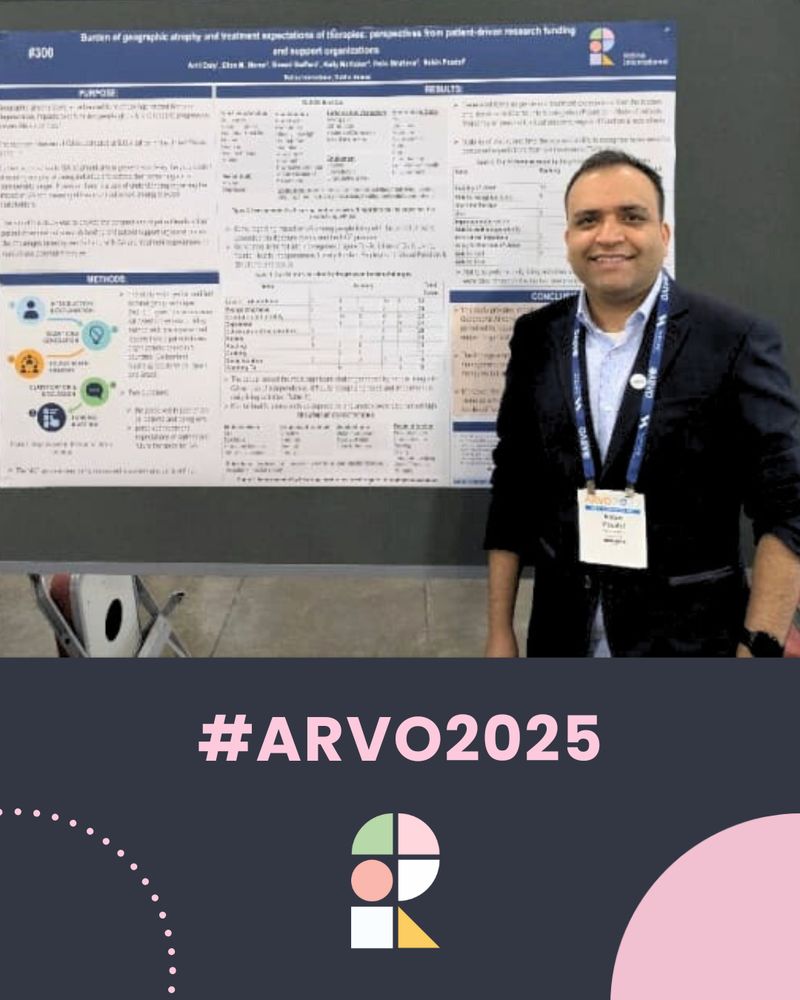 Dr Nabin Paudel in front of his work at ARVO 2025. Nabin is standing in front of his poster, which is on a poster board. Underneath the image is #ARVO2025 and the Retina International logo