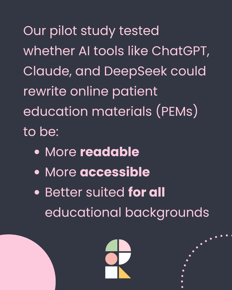 Text reads: ‘Our pilot study tested whether AI tools like ChatGPT, Claude, and DeepSeek could rewrite online patient education materials (PEMs) to be: more readable, more accessible, and better suited for all educational backgrounds.’