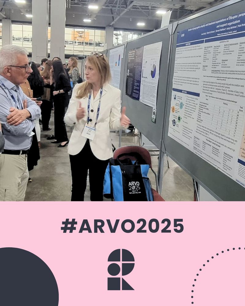 Avril Daly presenting her work at ARVO 2025. Avril is standing in front of her poster, which is on a poster board. She is presenting her work to another person. Underneath the image is #ARVO2025 and the Retina International logo.