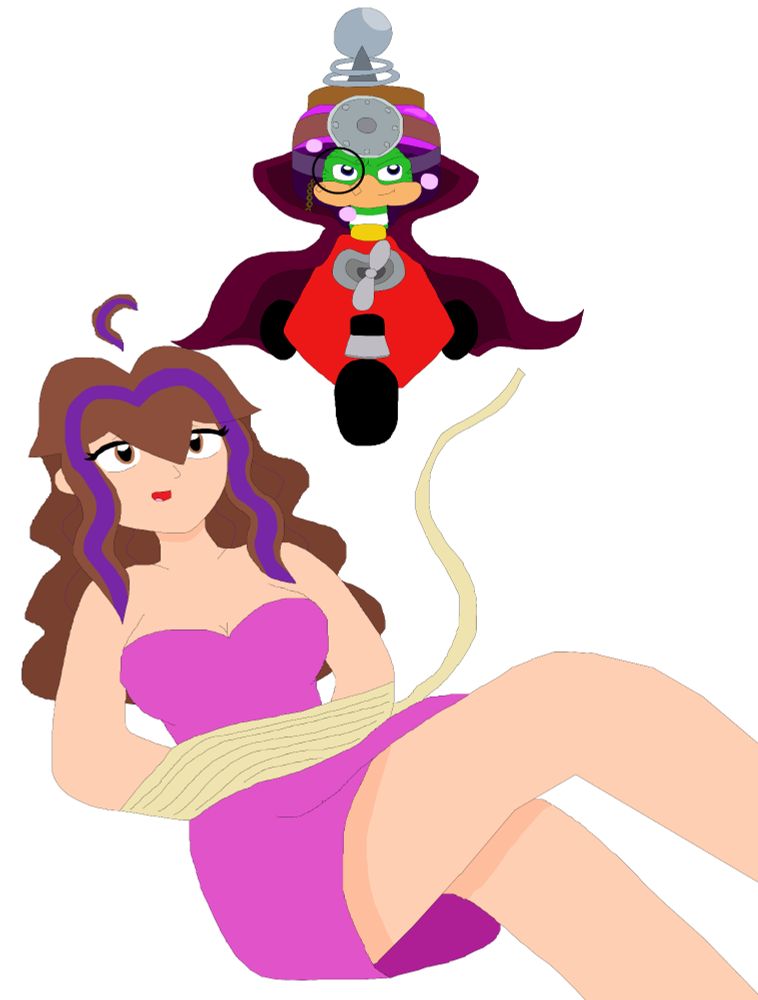 Dr. Quack wearing a cape and monocle and the monocle is taped onto the glass so that he would actually wear it, despite his robotic arms being rarely seen here. And then in the drawing, I'm wearing a pink sleeveless short dress and I'm being tied up in rope somehow because Dr. Quack and I are doing a roleplay scenario together where he plays the villain type and I play the damsel in distress type. The face I have there is indicating that I'm pretending to call for help while being pleased about being tied like this... oh also, let's just say I'm not even wearing anything underneath that dress! *flushes*