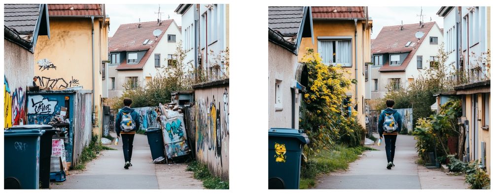 Two AI generated images showing 1) a boy walking through a disorderly neighbourhood with graffiti and trash and 2) a boy walking through a very similar but cleaned up neighbourhood without trash ad graffiti. 