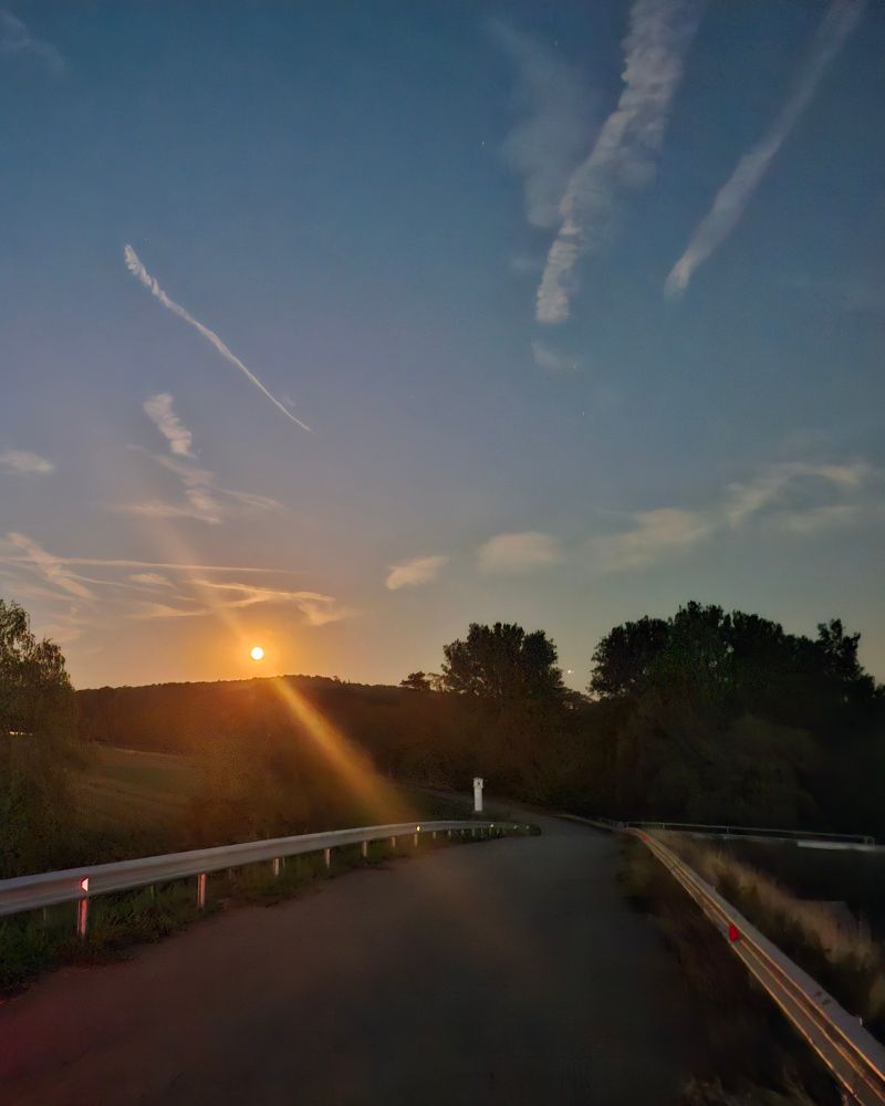 Abendstimmung. Eine Straße führtins Dunkle, in der Ferne Bäume und Büsche, am Horizont verschwindet die Sonne und am Himmel Kondensstreifen und ein Wolkenband.